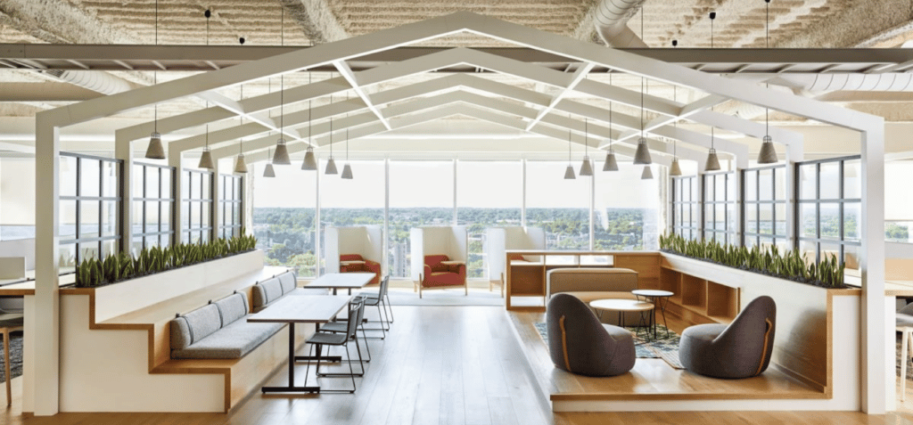 Modern office with natural lighting and cathedral ceilings