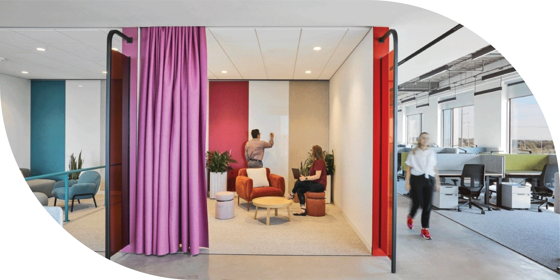 New, colorful offices with ceiling curtains, products on casters and movable walls