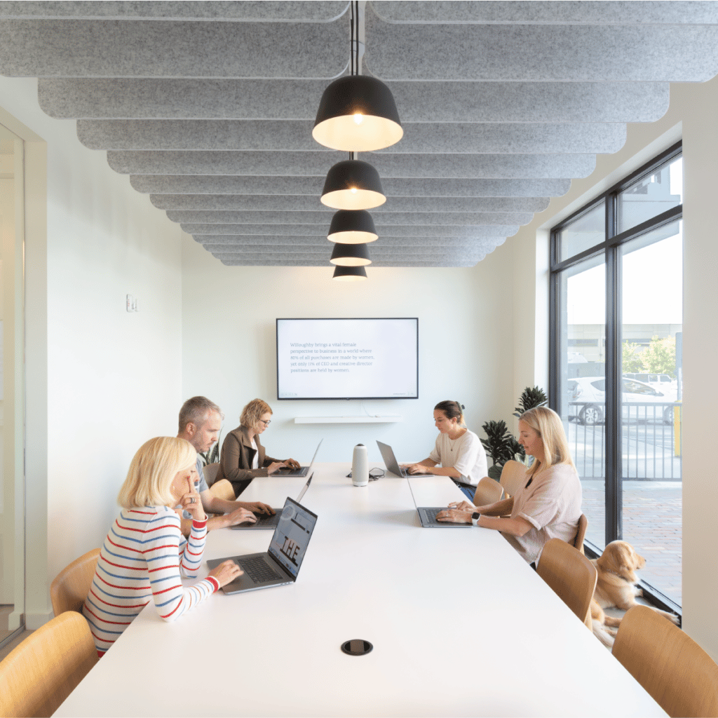 Loftwall Sky acoustic ceiling baffles installed above a white conference room