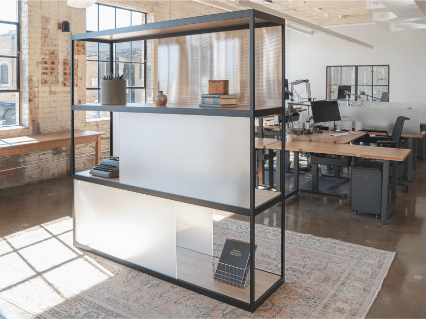 Loftwall Shift office shelving with acrylic panels