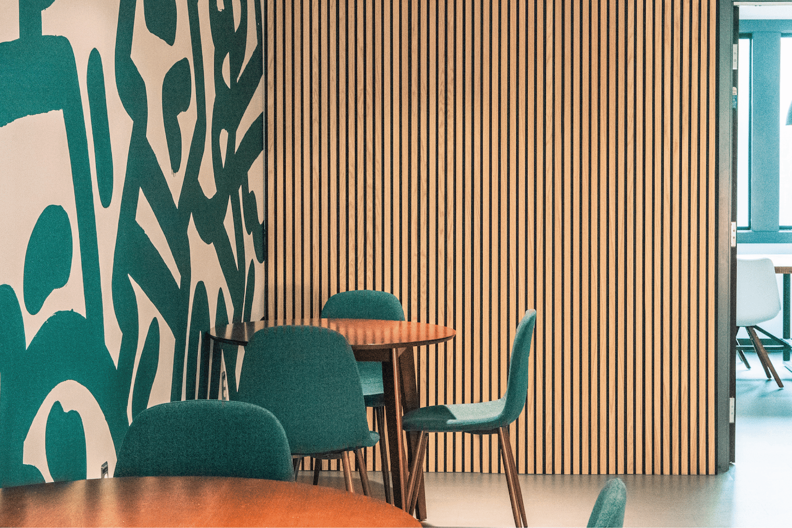 Acoustic wood fluted panels in cafe