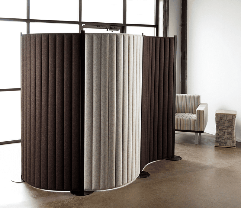 Flox movable acoustic partition shown with mocha and ivory flexible screens