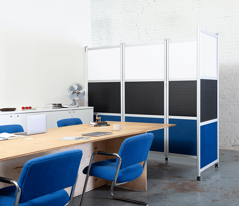 Foldable Office Partition Wall Pivot shown around a meeting table