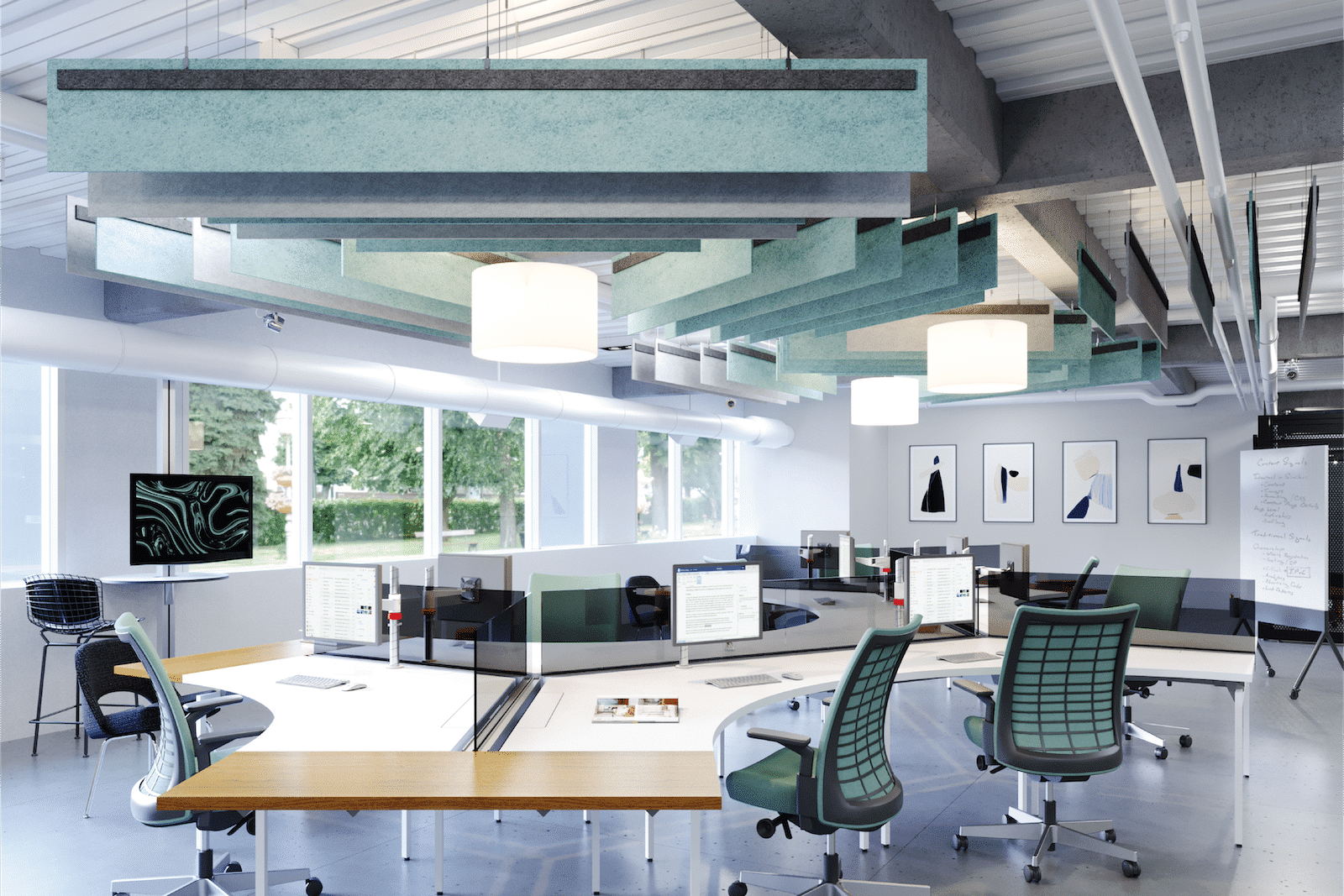Acoustic felt baffles suspended from the ceiling of a modern office