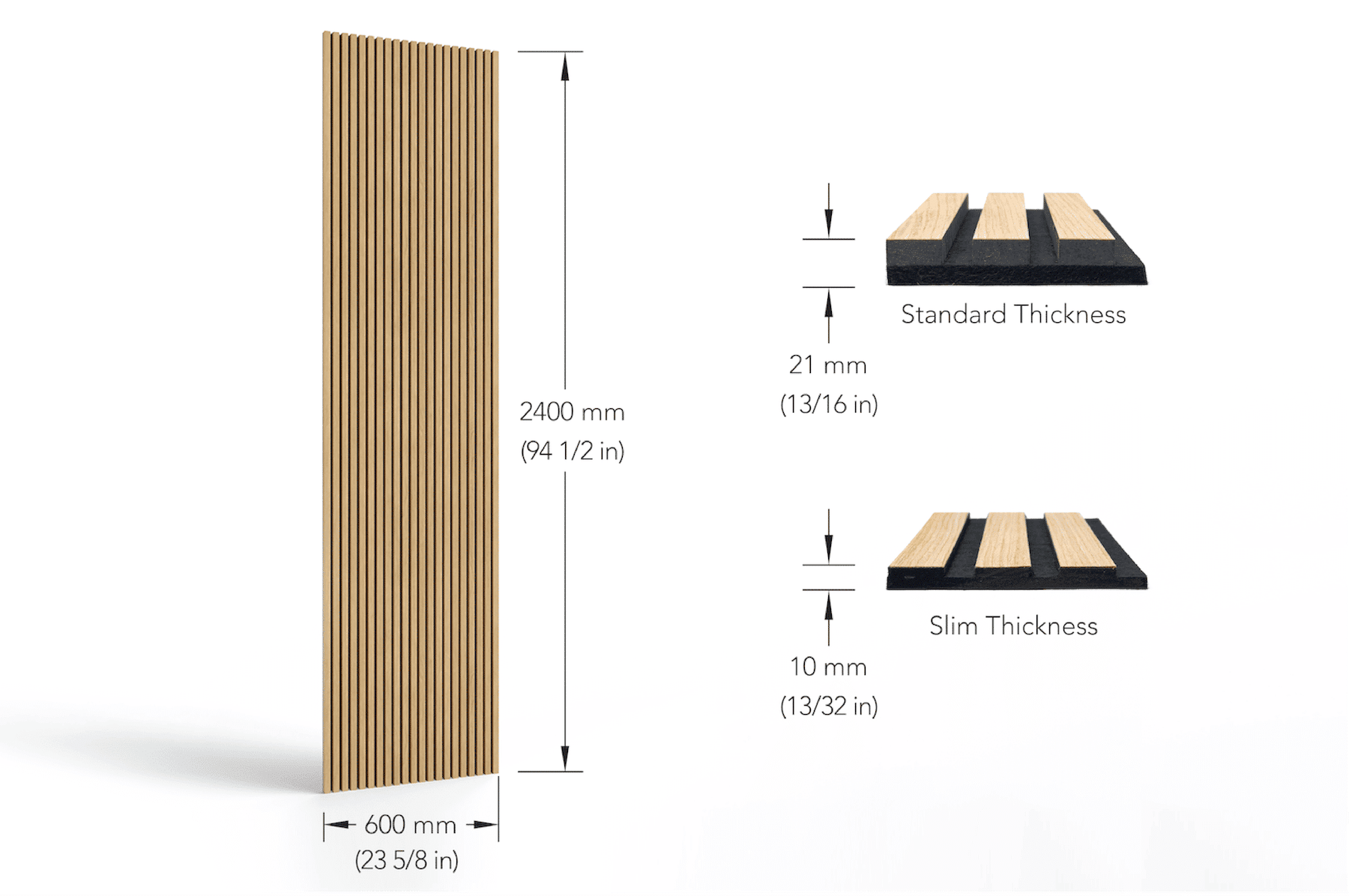 Dimensions of an acoustic wood slat panel. Height, width, and thickness dimensions called out in inches and millimeters. 