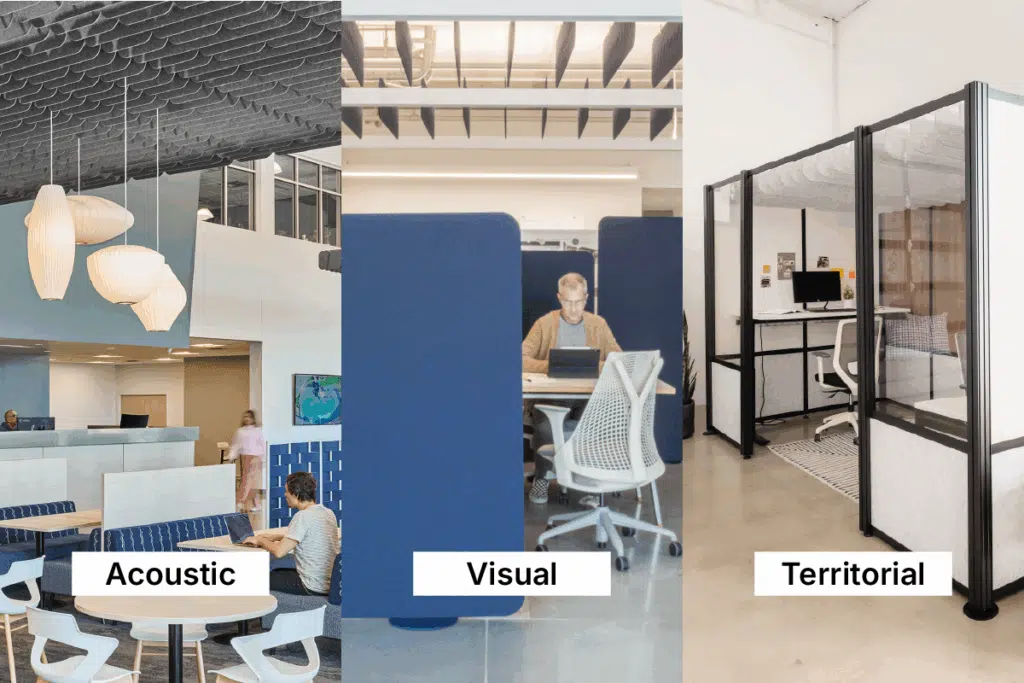 Office privacy solutions with acoustic baffles, visual partitions, and territorial pods for flexible workplace privacy.