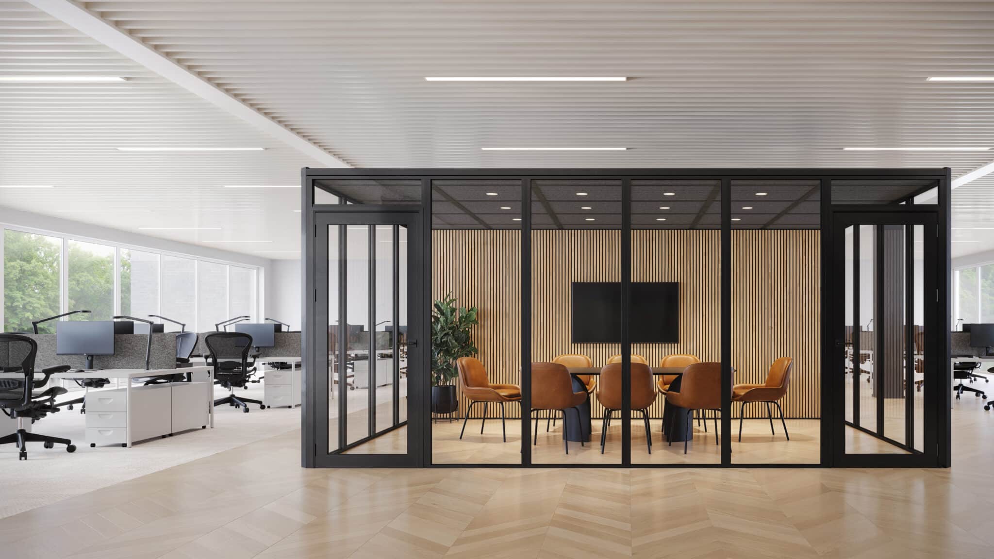 Modular Snap conference room with black aluminum frame, glass wall modules, and Arbor wood overlay panels inside an open office.